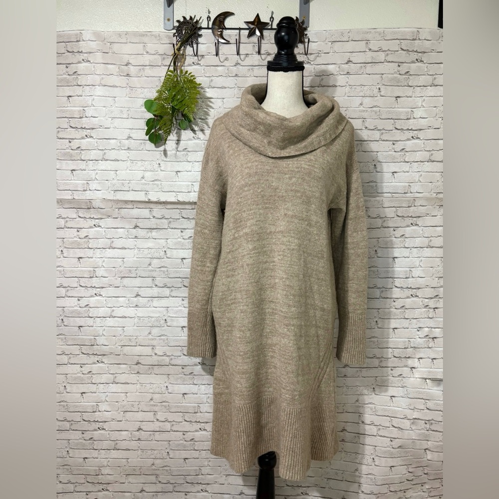 Anthropologie Light Tan Oatmeal Wool Blend Turtleneck Sweater Dress